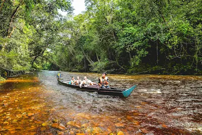 Guest enjoying a Taman Negara tour with a boat trip to the Lata Berkoh cascades